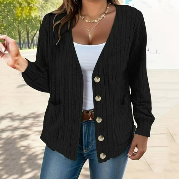 Womens Solid Color Button Down V Neck Loose Long Sleeved Cardigan Cropped Cardigan Sweaters for Women Cute Cardigan Oversized Cardigan Sweaters for Women Cardigans for Women Striped Long Sleeve Draped