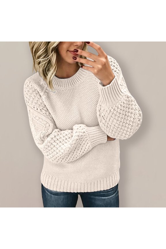 Womens Solid Color Cable Knit Crewneck Pullover Sweater, Long Sleeve Textured Knit Loose Relaxed Fit Top with Ribbed Cuff and Hem, Soft Cozy Crew Neck Knit Pullover for Fall Winter Daily Wear Beige