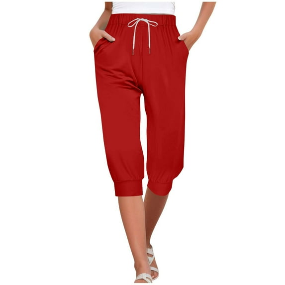 Womens Solid Color Capri Pants 2025 Loose Soft Drawstring Workout Sweatpants Causal Lounge Pants with Pockets