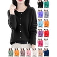 thumbnail image 1 of Womens Solid Color Cardigans Lightweight Soft Knit Long Sleeve Button-Up Crewneck Cardigan Sweater Black Xl, 1 of 5