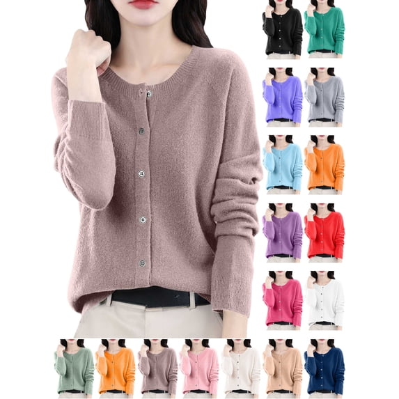 Womens Solid Color Cardigans Lightweight Soft Knit Long Sleeve Button-Up Crewneck Cardigan Sweater Khaki M