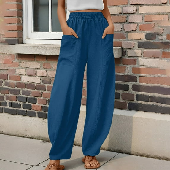 Womens Solid Color Casual Pants Trousers Elastic Waist Pockets Wide Leg Trousers Pants Ladies Women Pants Casual plus Size Stretch Pants for Women Work Casual Pants Rompers for Women Casual plus Size