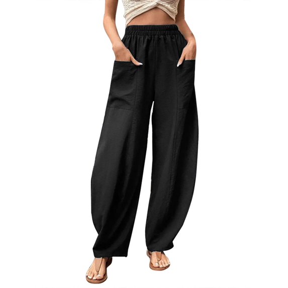 Womens Solid Color Casual Pants Trousers Elastic Waist Pockets Wide Leg Trousers