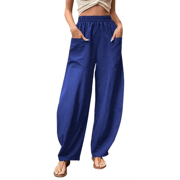 Womens Solid Color Casual Pants Trousers Elastic Waist Pockets Wide Leg Trousers
