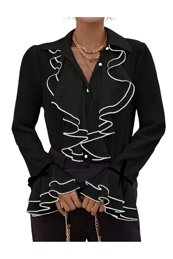 Womens Solid Color Casual Ruffle Hem Flared Sleeve Blouse Shirt for Women Elegant Wear