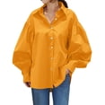 thumbnail image 1 of Womens Solid Color Casual Shirt Long Sleeve Lapel Button Blouse Loose Top Turn Down Collar Yellow S, 1 of 7
