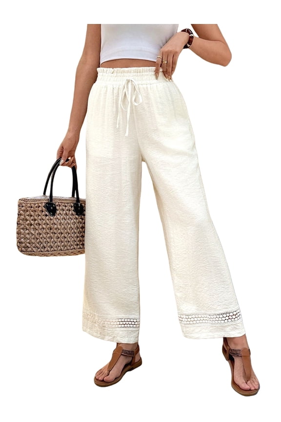 Womens Solid Color Casual Straight Leg Elastic Waist Pants Comfortable Trousers Cream White L