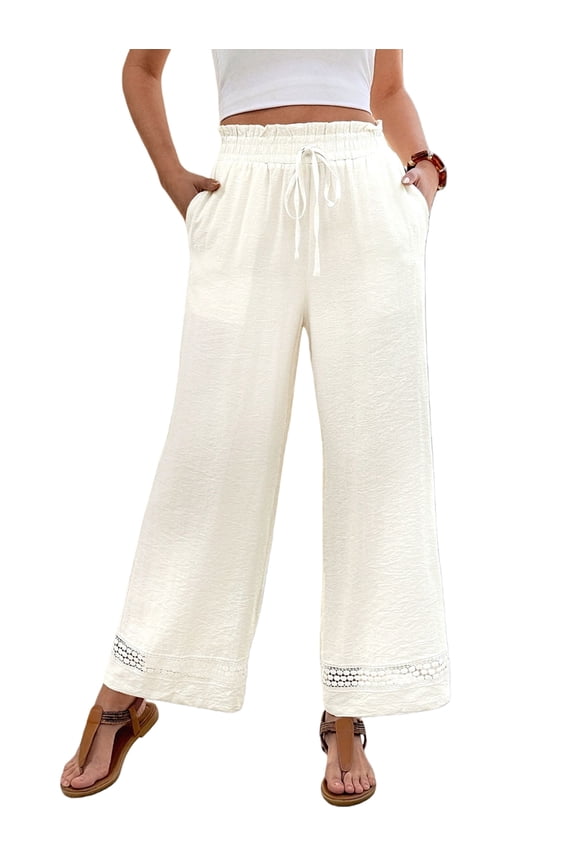 Womens Solid Color Casual Straight Leg Elastic Waist Pants Comfortable Trousers Cream White XL