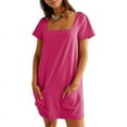 thumbnail image 1 of Womens Solid Color Casual Summer Square Neck Short Sleeve Mini Dresses with Pockets Rose Red M, 1 of 9