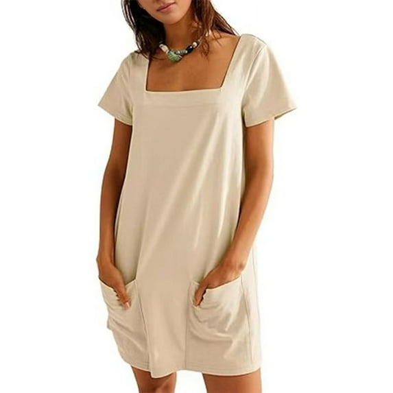 Womens Solid Color Casual Summer Square Neck Short Sleeve Mini Dresses with Pockets  XXL