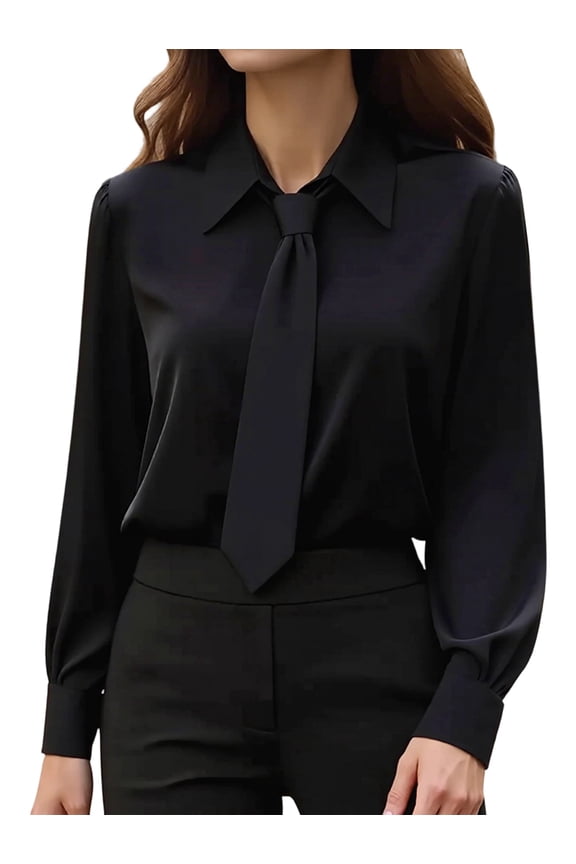 Womens Solid Color Casual Tie Long Sleeve French Shirt Elegant Office Blouse