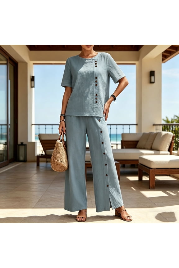 Womens Solid Color Casual Vacation Linen Outfit Button Short Sleeve Blouse Wide Leg Pants Set Summer Travel Wear Light Blue S