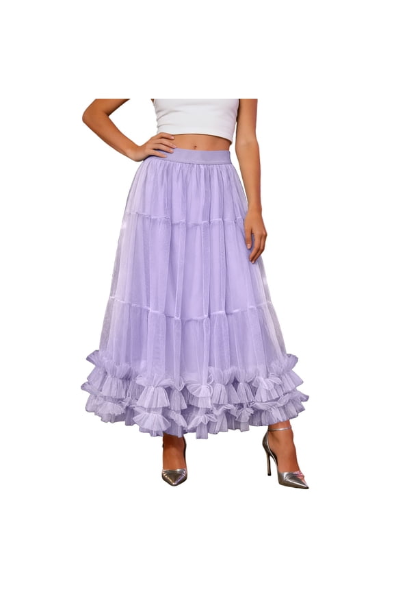 Womens Solid Color Chiffon Layered Skirt Flowy Puffy Hem Flounce Party Dress Ruffle Waist Ankle Length Skirt Purple One Size