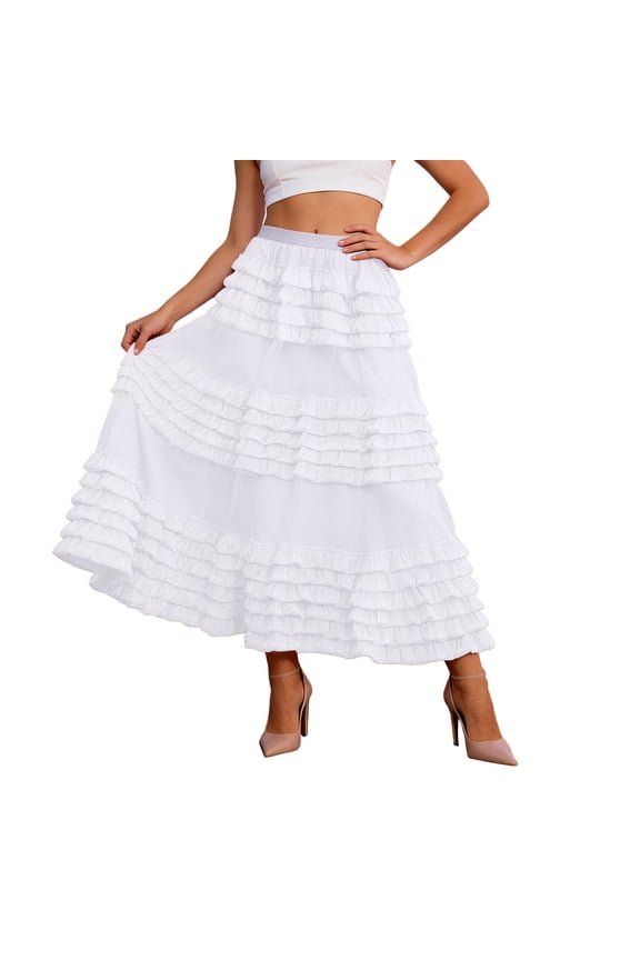 Womens Solid Color Chiffon Layered Skirt Flowy Puffy Hem Flounce Party Dress Ruffle Waist Ankle Length Skirt White One Size