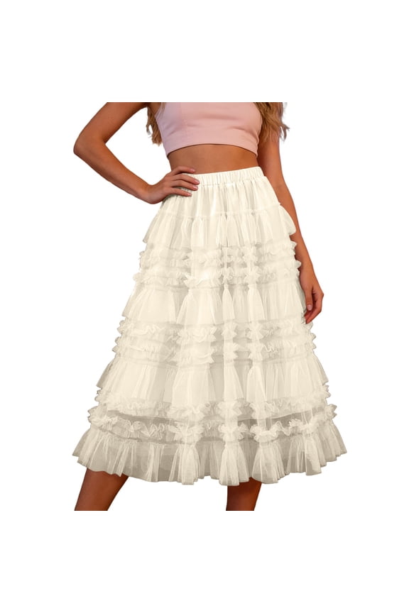 Womens Solid Color Chiffon Layered Skirt Flowy Puffy Hem Flounce Party Dress Ruffle Waist Mid Calf Length Skirt Beige One Size
