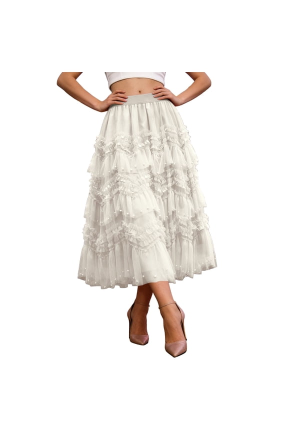 Womens Solid Color Chiffon Layered Skirt Flowy Puffy Hem Flounce Party Dress Ruffle Waist Mid Calf Length Skirt Beige One Size