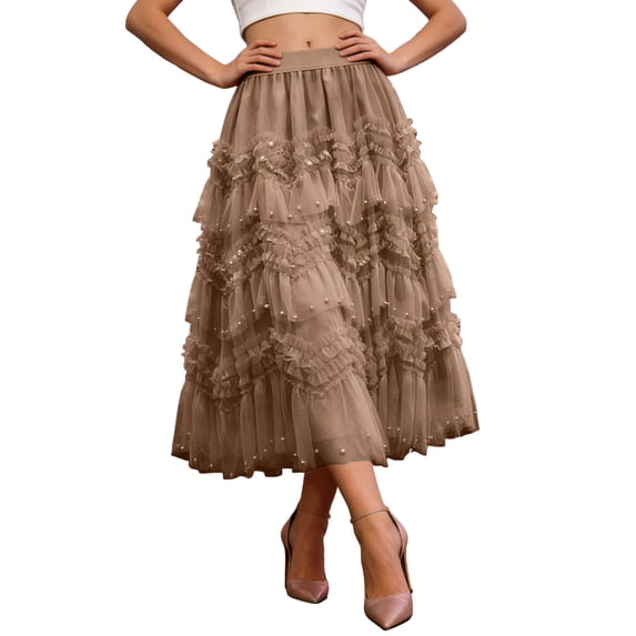 Womens Solid Color Chiffon Layered Skirt Flowy Puffy Hem Flounce Party Dress Ruffle Waist Mid Calf Length Skirt Coffee One Size