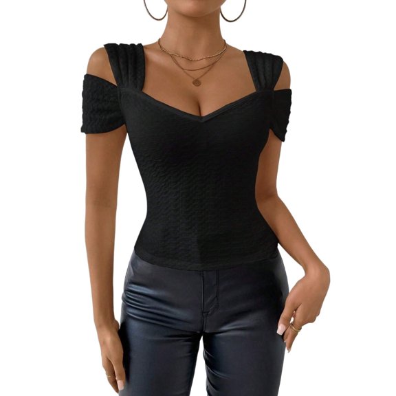 Womens Solid Color Cold Shoulder Slimming Fit T-Shirt Short Sleeve Cropped Summer Blouse For Women