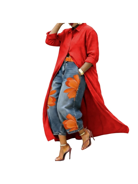 Womens Solid Color Cotton Blend Lapel Collar Long Open Front Shirt Duster Long Sleeve Oversized Maxi Length Casual Cardigan Tunic Top Red S(S)