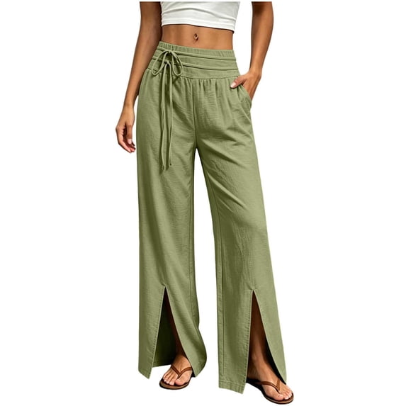 Womens Solid Color Cotton Tie Detail Elastic Waist Split Front Straight Leg Pants Casual Pocket Slit Hem Long Trousers Green XL(XL)