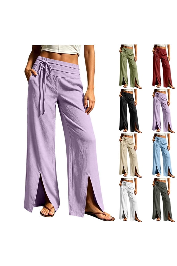 Womens Solid Color Cotton Tie Detail Elastic Waist Split Front Straight Leg Pants Casual Pocket Slit Hem Long Trousers Purple XL(XL)