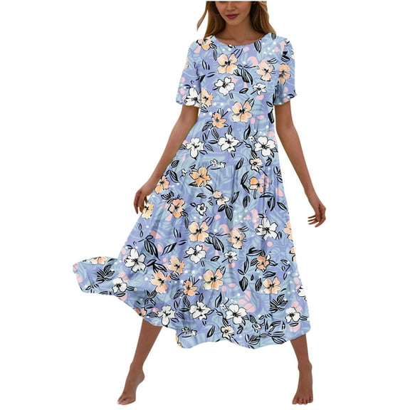 Womens Solid Color Cover Up Maxi Dresses Casual Loose Fit Crew Neck Short Sleeve Flowy Long Dress