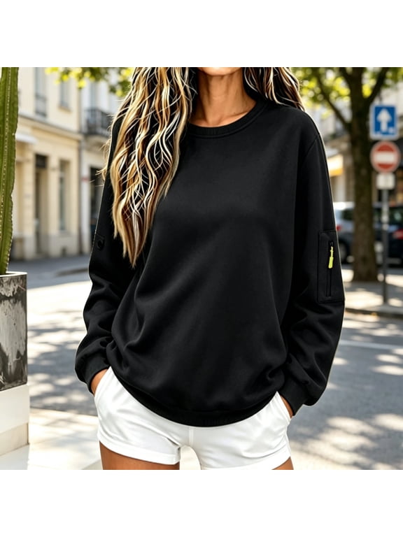 Womens Solid Color Crew Neck Long Sleeve Pullover Sweatshirt, Sleeve Zip Pocket and Button Cargo Pocket Fleece Pullover, Soft Ribbed Cuff Crewneck Sweatshirt Women for Fall Winter Daily Black