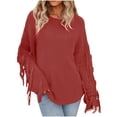 thumbnail image 1 of Womens Solid Color Crew Neck Sweaters Long Sleeve Knit Fringe Pullover Sweater Blouse Jumper Tops, 1 of 5