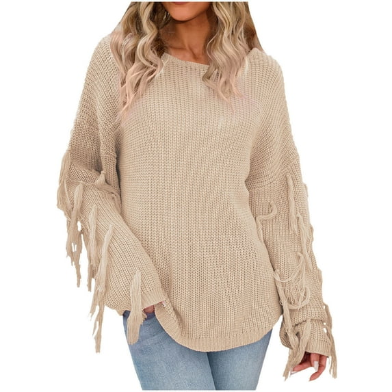 Womens Solid Color Crew Neck Sweaters Long Sleeve Knit Fringe Pullover Sweater Blouse Jumper Tops