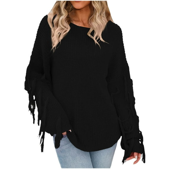 Womens Solid Color Crew Neck Sweaters Long Sleeve Knit Fringe Pullover Sweater Blouse Jumper Tops