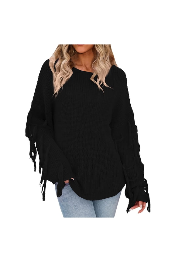 Womens Solid Color Crew Neck Sweaters Long Sleeve Knit Fringe Pullover Sweater Blouse Jumper Tops