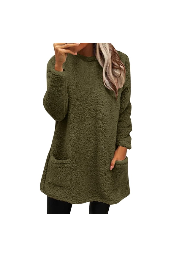 Womens Solid Color Crewneck Pullover Fluffy Sweatshirts Winter Warm Loungewear Tops with Pockets Green 3XL
