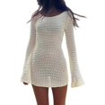 thumbnail image 1 of Womens Solid Color Crochet Lace Backless Long Sleeve Cover Up Sweater Beach Dress Summer Holiday L, 1 of 9