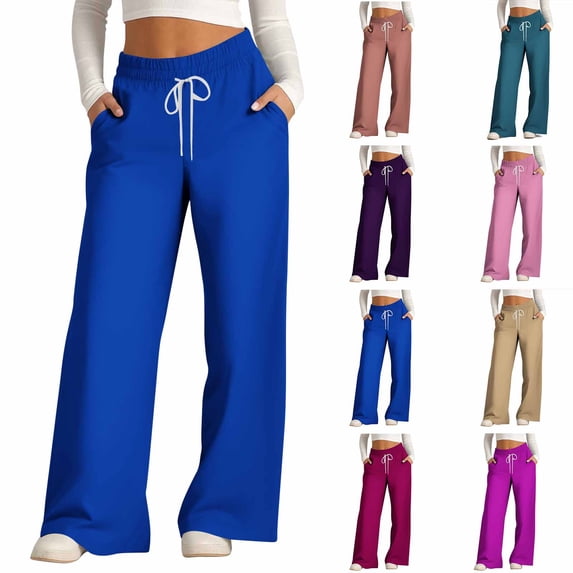 Swuxness Women Full Length Pants Stylish Solid Color Print Drawstring Wide Leg Basic Pants Garment