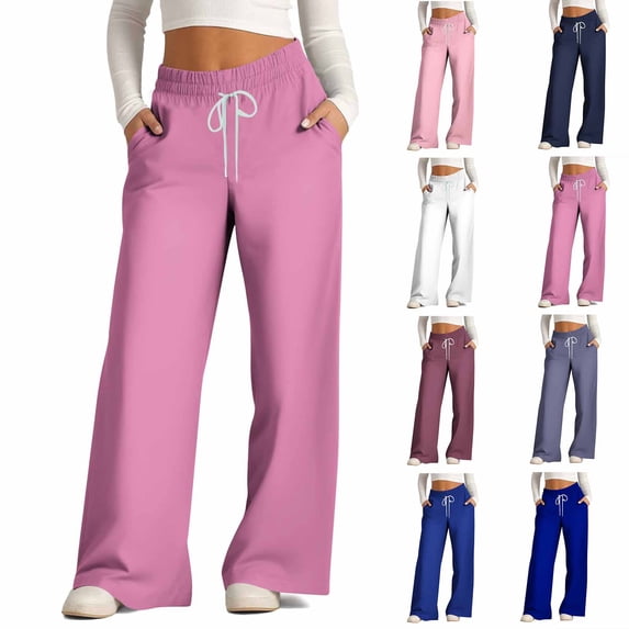 Swuxness Women Full Length Pants Trendy Solid Color Print Drawstring Wide Leg Casual Garment