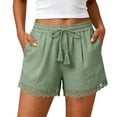 thumbnail image 1 of Women's Solid Elastic High Waist Cotton Linen Shorts, Drawstring Tassel Lace Hem Pocket Casual Summer Beach Shorts Green L(L), 1 of 8