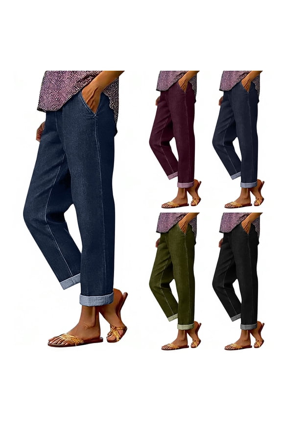 Womens Solid Color Elastic Waist Long Pants with Pockets Stretchy Breathable Casual