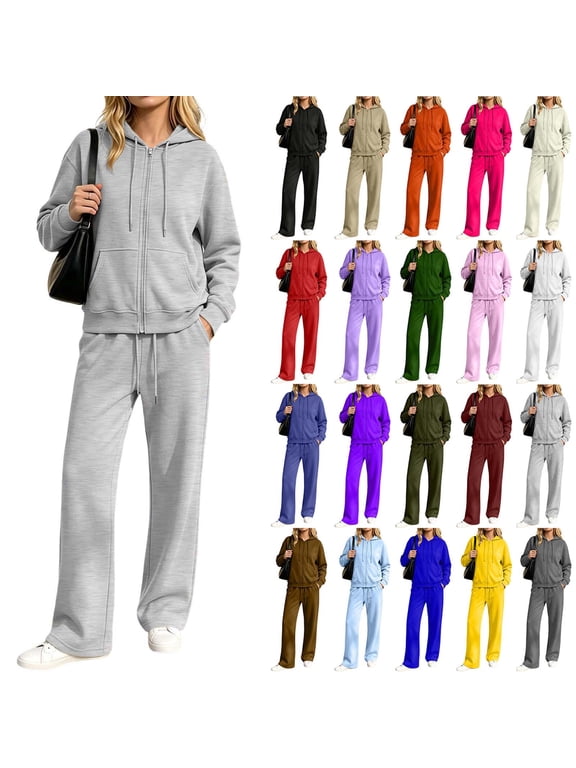 Womens Solid Color Full Zip Hoodie Tracksuit Long Sleeve with Pockets Drawstring Waist Jogger Pants Loose Fit Comfortable Sets Casual Fall Winter Lounge Wear Two Piece Tracksuit