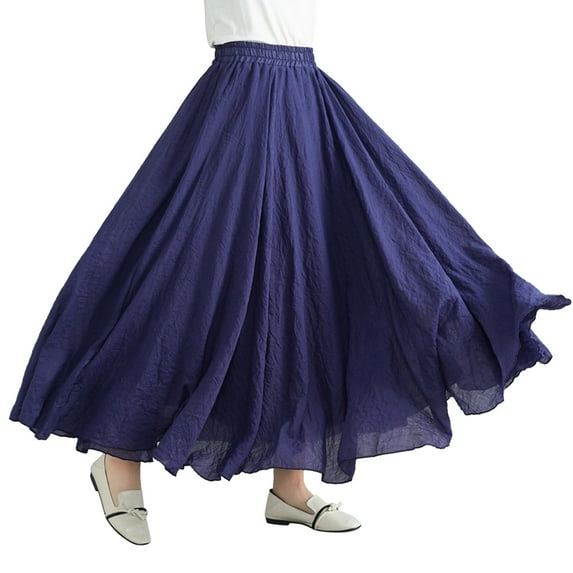 Womens Solid Color Half Skirt Elastic Waist A Line Skirt Long Half Skirt, Solid Color Sleeveless Full-Length Big & Tall Elastic Waist A-line Skirt Blue