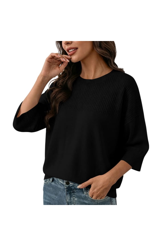 Womens Solid Color Half Sleeve Casual Oversized Trendy Sweaters Crewneck Cropped Sweater Knit Tops Black L(L)