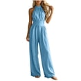 thumbnail image 1 of Womens Solid Color Halter Sleeveless Waist-Cinched Jumpsuit Zip Closure Wide Leg Long Romper with Side Pockets for Casual Party Wear Blue L(L), 1 of 7