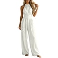thumbnail image 1 of Womens Solid Color Halter Sleeveless Waist-Cinched Jumpsuit Zip Closure Wide Leg Long Romper with Side Pockets for Casual Party Wear White S(S), 1 of 7