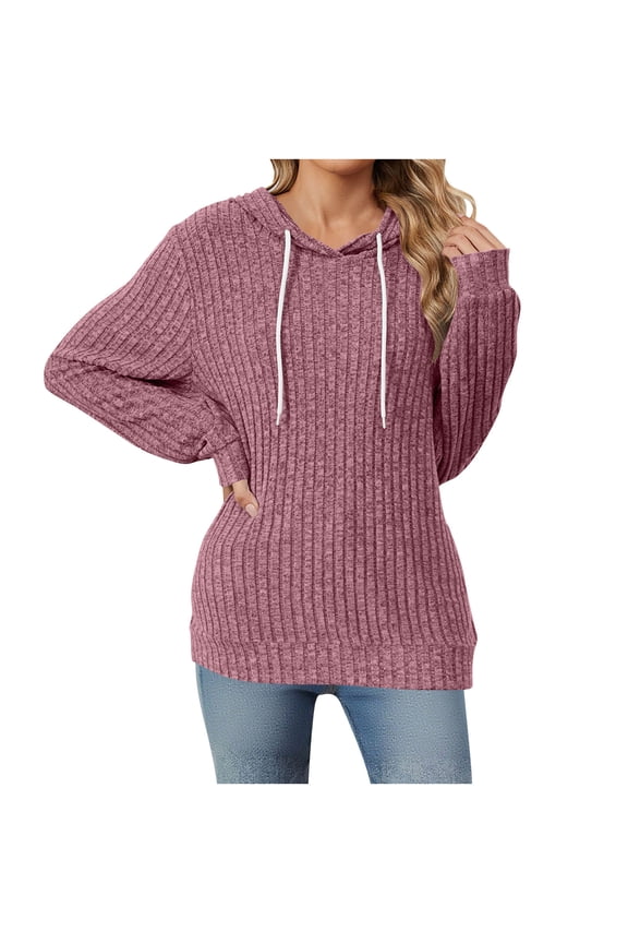 Womens Solid Color Hooded Drawstring Long Sleeve Casual Top Pullover Blouse Shirt for Comfortable Loose Daily Wear