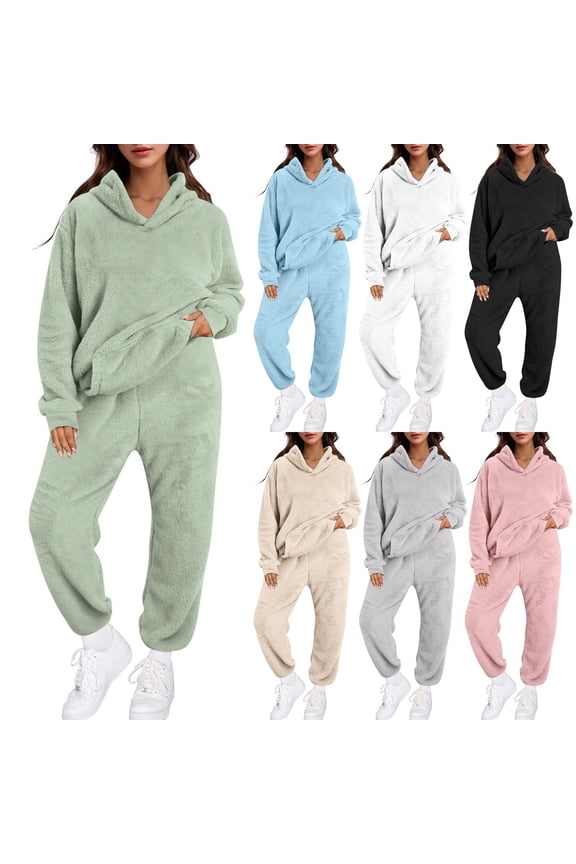 Womens Solid Color Hooded Loungewear Set Long Sleeve Top With Pocket Pants Comfortable Home Wear