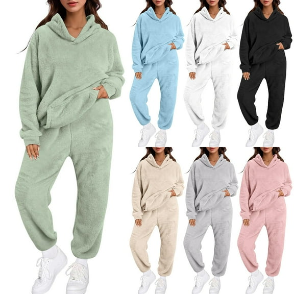 Womens Solid Color Hooded Loungewear Set Long Sleeve Top With Pocket Pants Comfortable Home Wear