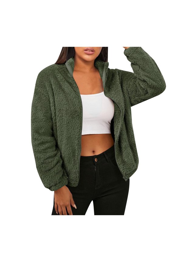 Womens Solid Color Jacket Long Sleeve Button Down Hoodless Jackets Warm Coat Solid Standing Collar Pullover Top