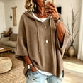 thumbnail image 1 of Womens Solid Color Knit Hoodie Drawstring 3/4 Sleeve Ribbed Hem Loose Fit Travel Lounge Outerwear Blouse Khaki S, 1 of 6