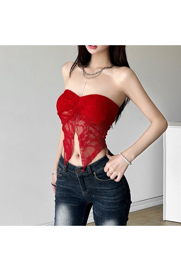 Womens Solid Color Lace Bandeau Off The Shoulder Asymmetrical Hem Bandeau Vest Red S YIWEI