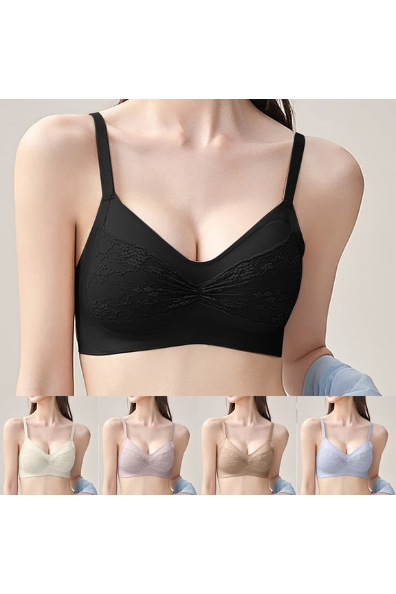 Womens Solid Color Lace Wireless Bra Breathable Comfort Full Coverage Lingerie Side Support Anti Sag Bra Pink 36