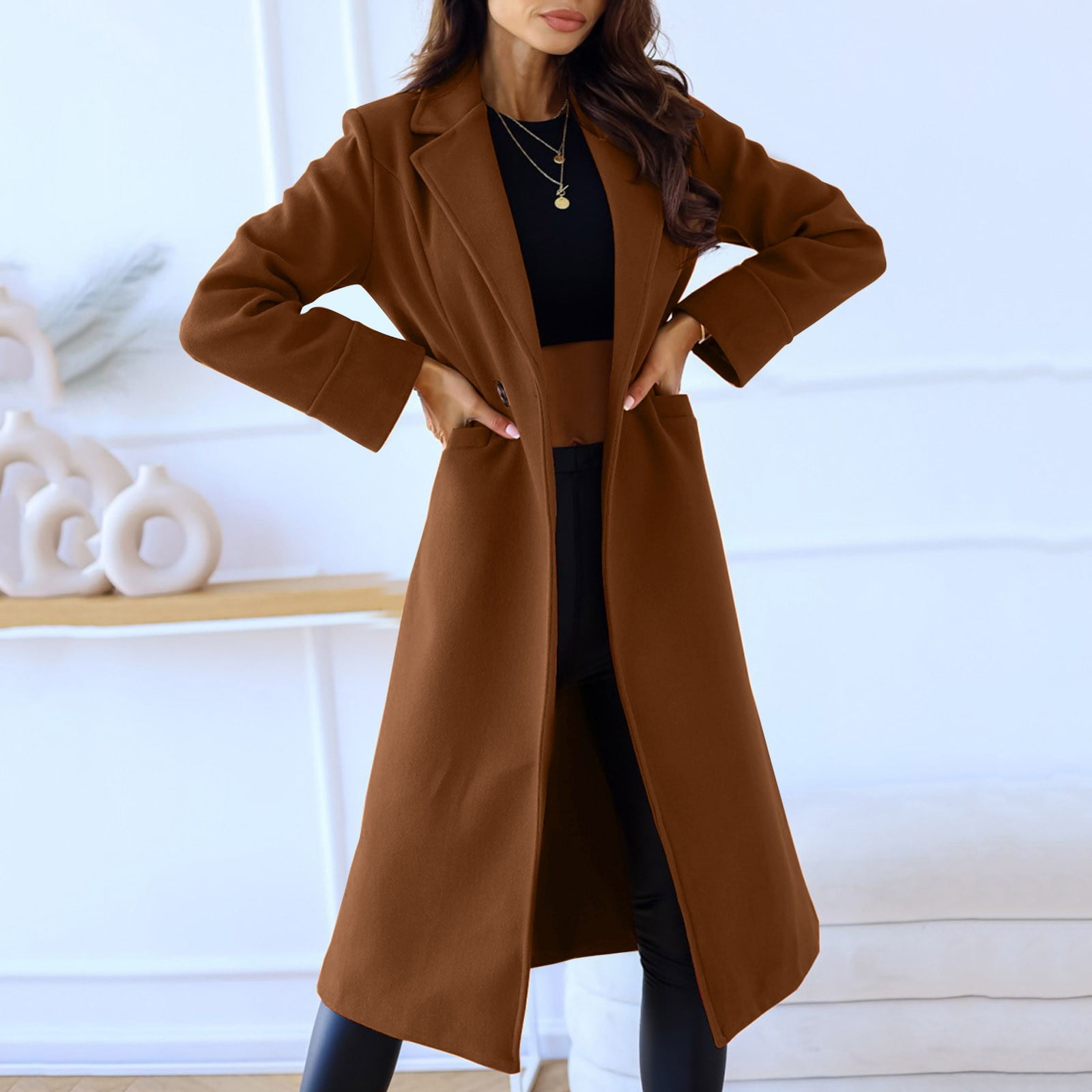 chinese dress ladies Maxi Winter Wool Coat with Belt 4586 Beige / M main image 0